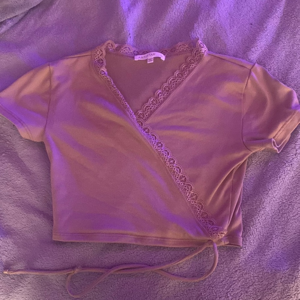 tan crossover tie crop top with lace linings- size small- never worn